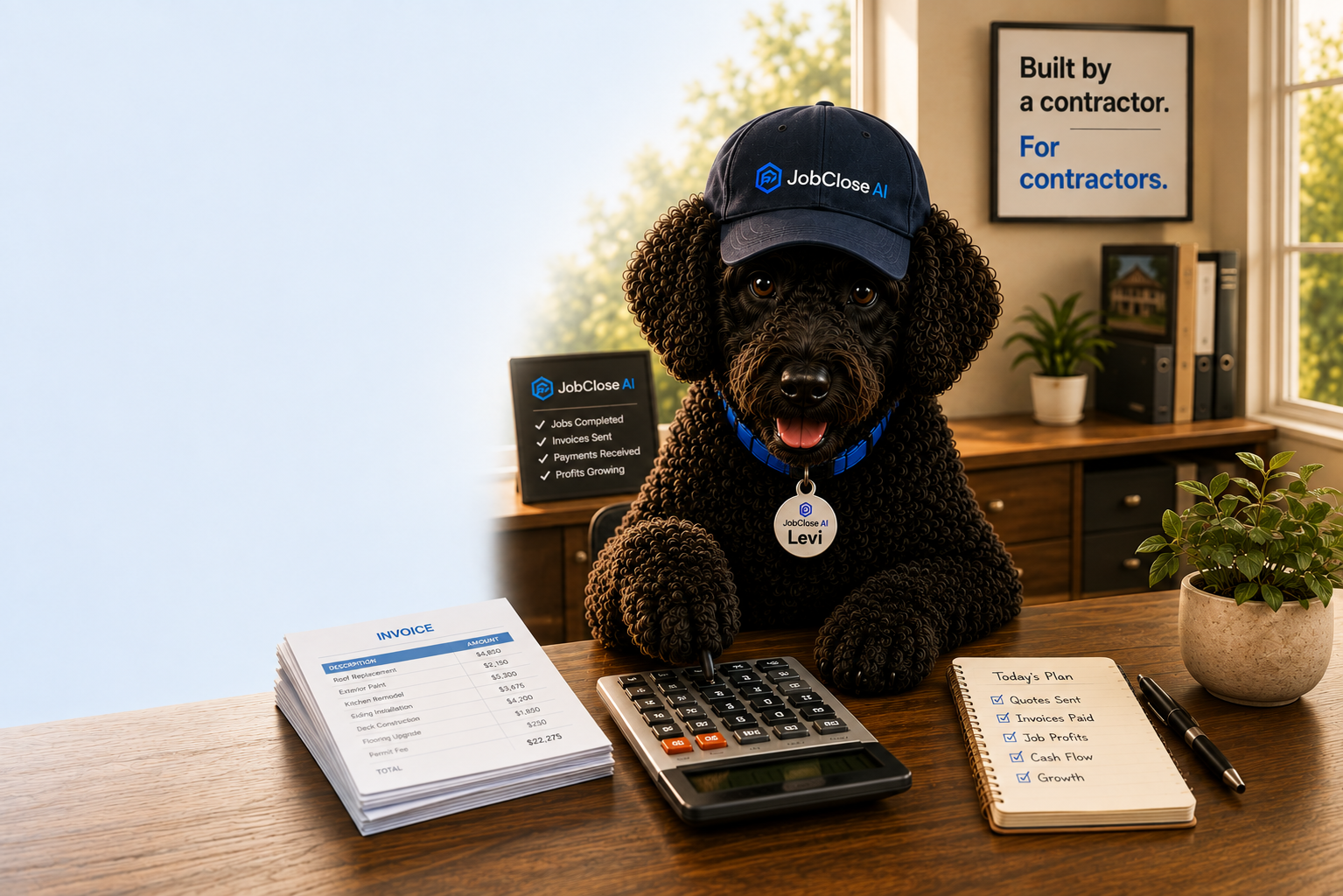 Levi at his desk pressing a calculator with paws, invoice stack on the left, Today's Plan notebook on the right, plant, JobClose AI board with Jobs Completed / Invoices Sent / Payments Received / Profits Growing, and Built by a contractor. For contractors. wall sign.