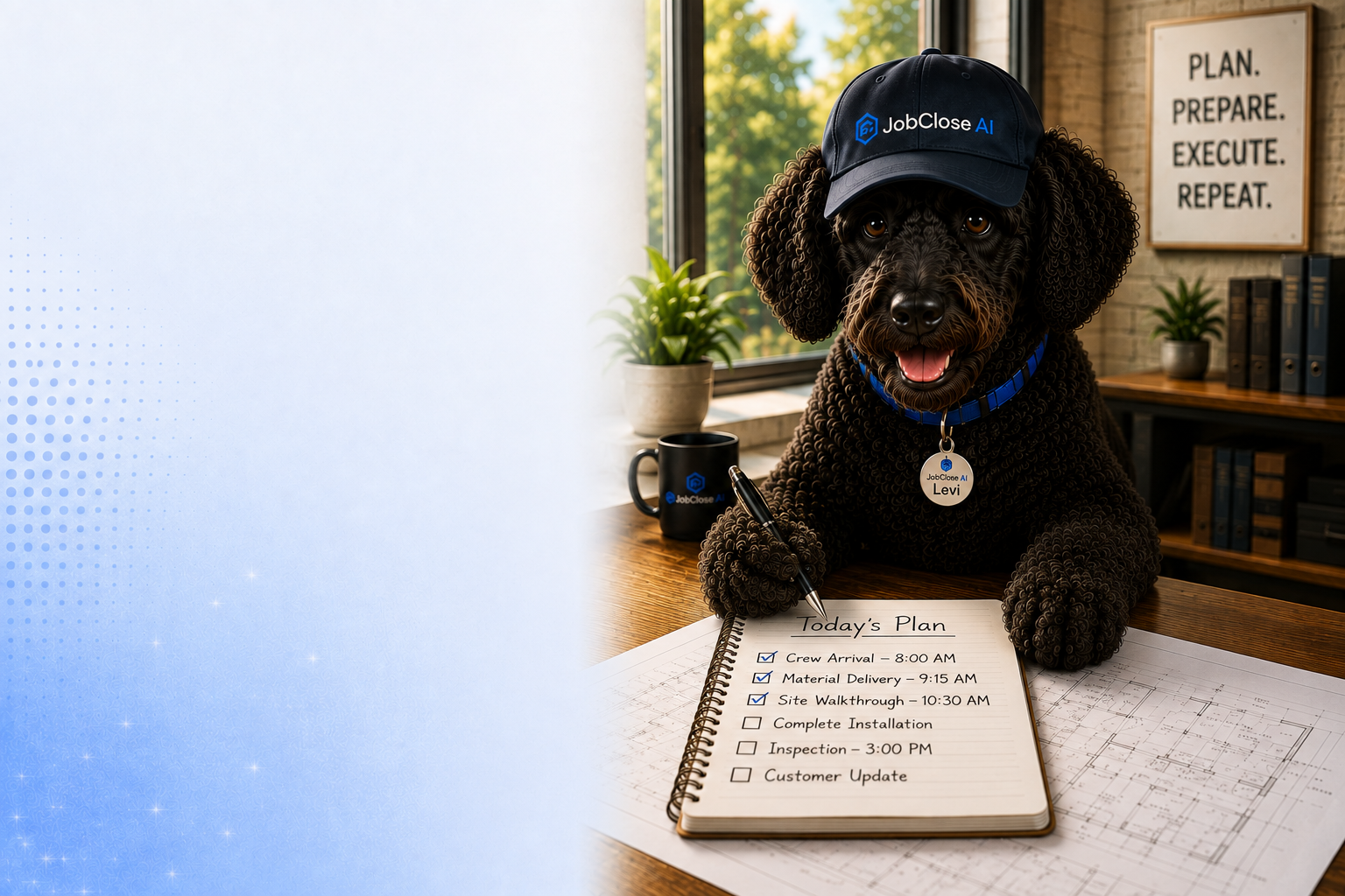Levi at his desk with the Today's Plan notebook, JobClose AI cap and Levi collar tag, PLAN. PREPARE. EXECUTE. REPEAT. wall sign, plant, mug and bookshelf behind him.