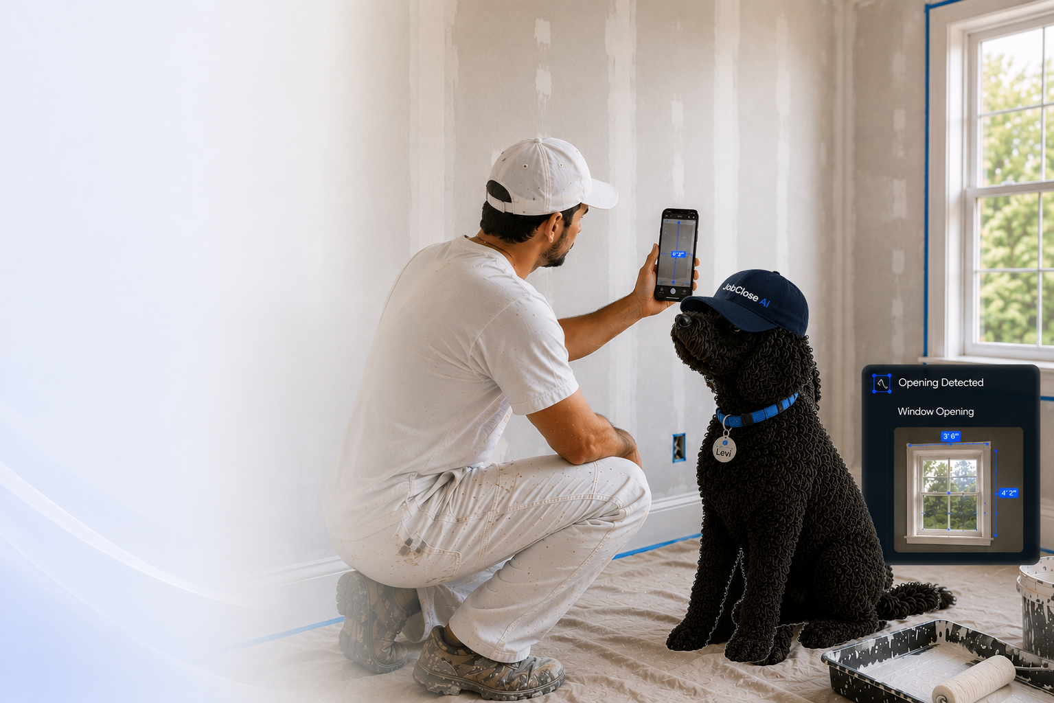 A contractor in painter's whites kneeling and holding a phone to scan a wall while Levi sits beside him. Paint tray with roller on the floor. Estimating walkthrough scene.