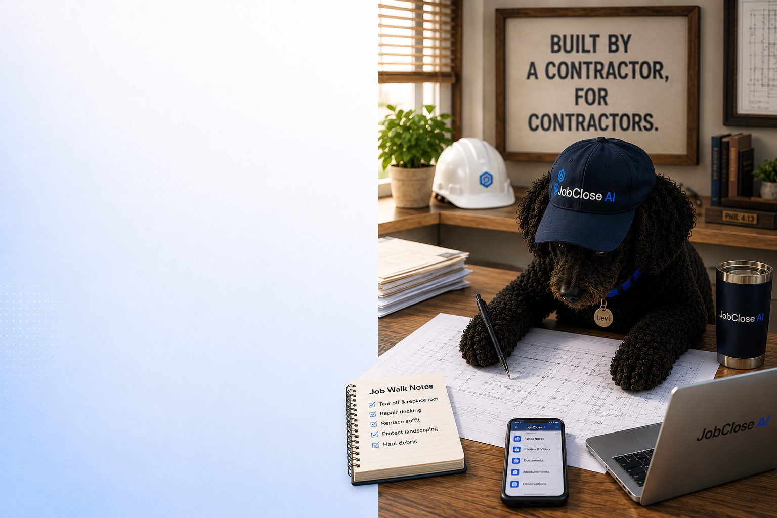 Levi at a framed-house construction site reviewing house plans with pen in paw, Job Walk Notes, phone, tumbler, and laptop; ladder and lumber behind him.