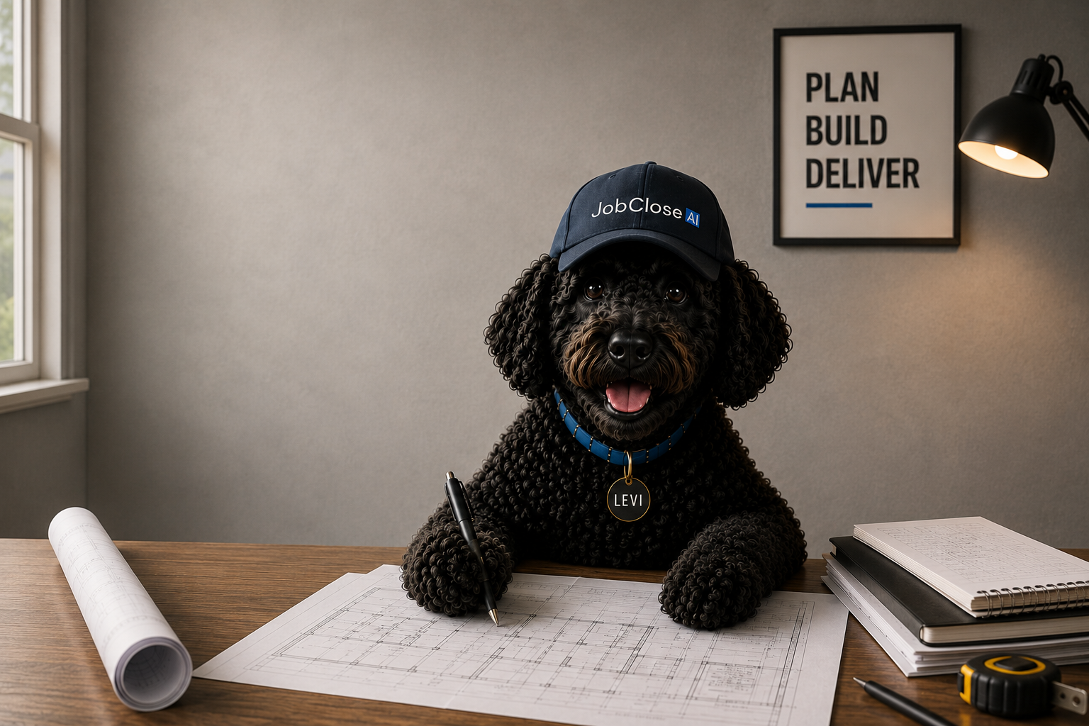 Levi, a black Goldendoodle wearing a JobClose AI cap and blue collar with a LEVI tag, sits at a home-office desk with a rolled blueprint, framed PLAN BUILD DELIVER poster, lamp, and open blueprints in front of him.