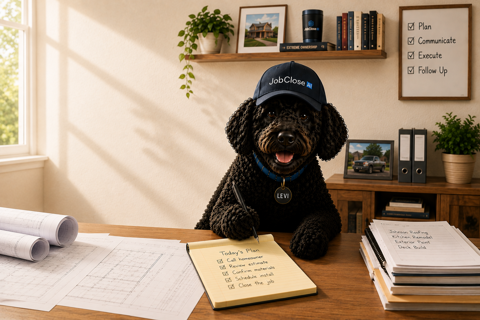 Levi, a black Goldendoodle wearing a JobClose AI cap and a blue collar with a bone-shaped LEVI tag, sits at a workshop desk with today's plan notepad, tape measure, rolled plans, framed home photo, and a shelf reading Prepare · Communicate · Execute · Follow Up.